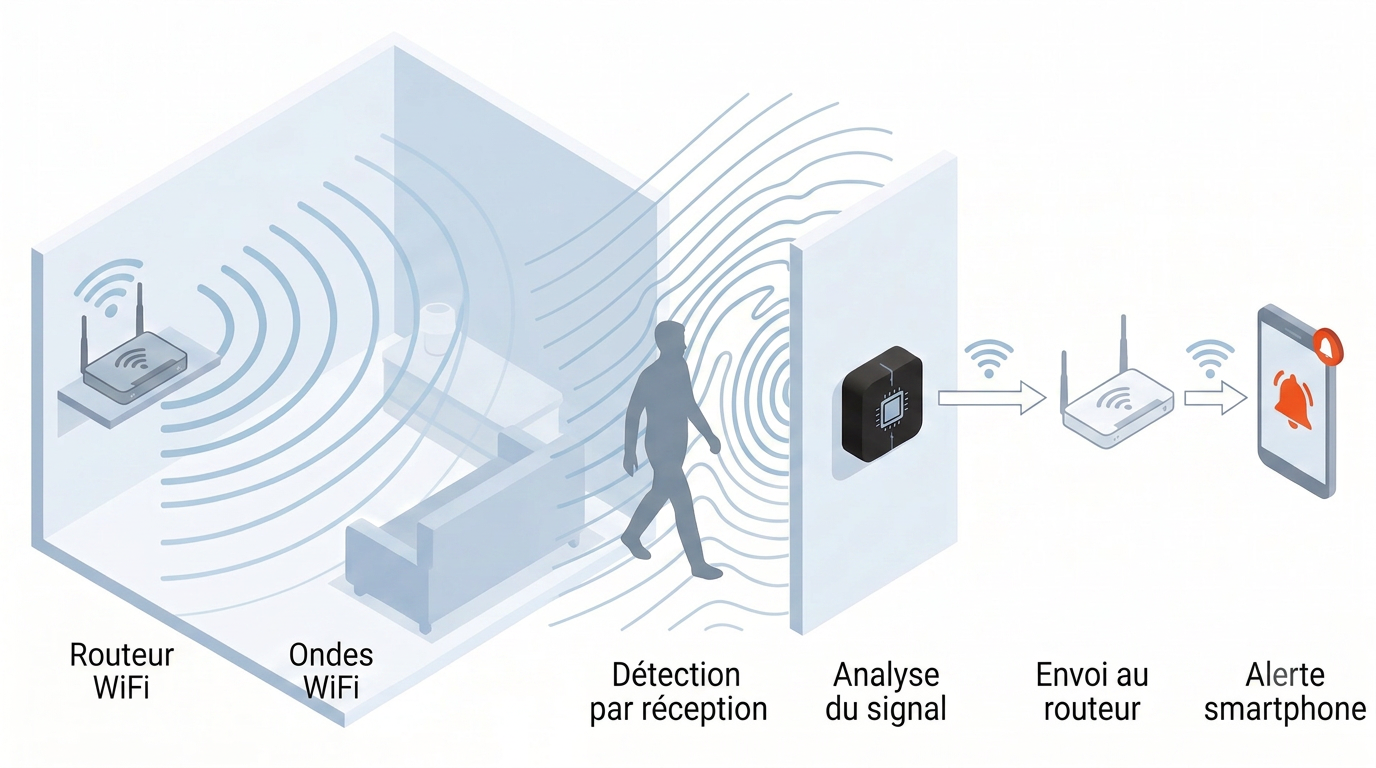 Schéma complet : routeur WiFi, ondes WiFi, capteur passif, détection par réception, analyse du signal, envoi au routeur et alerte smartphone
