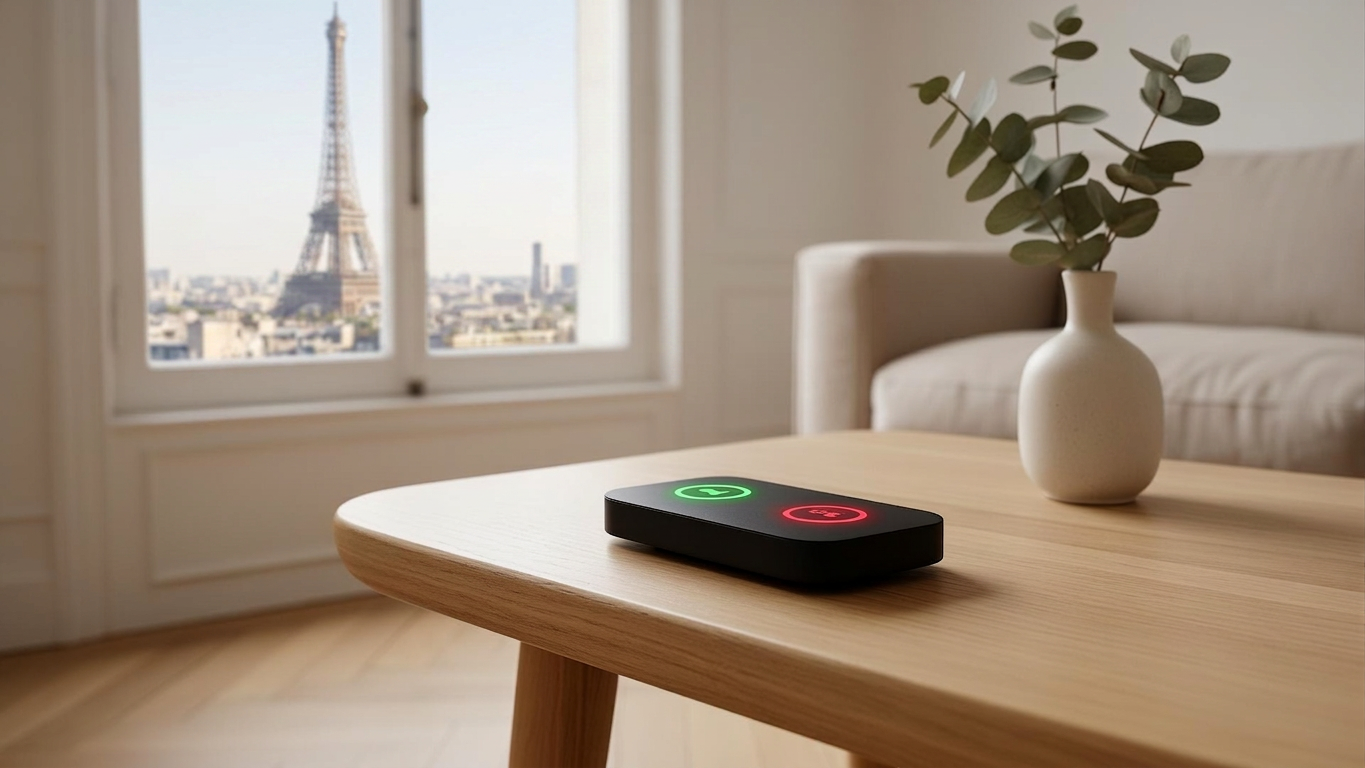 Hub ONDALARM posé sur une table en bois clair dans un salon parisien avec vue sur la Tour Eiffel